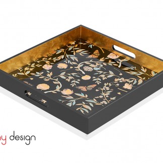 Black square lacquer tray with flower and butterfly pattern 40*40*4.5 cm